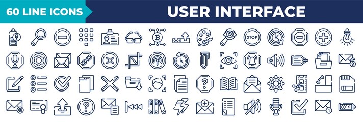 Fototapeta na wymiar set of 60 thin line user interface icons. outline icons such as battery loaded, square stop button, crop button, edit button, open letter read email, email evelope, lightning flash, envelope with