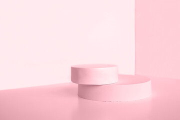 Podium for cosmetic product presentation. Abstract minimal geometrical form. Cylinder stone sphere two forms, shadow. Scene to show products. Showcase, display. Trendy sunlight. Front view. 3D