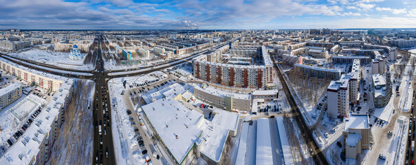 Surgut city in winter. Residential area, panoramic view of the city. Aerial view.
