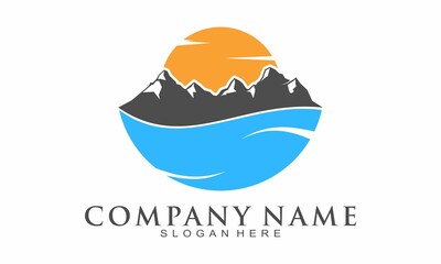 Mountain with sea and sun vector logo