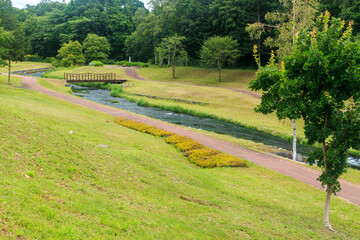 北海道真狩村、真狩川が流れる真狩河川公園【8月】