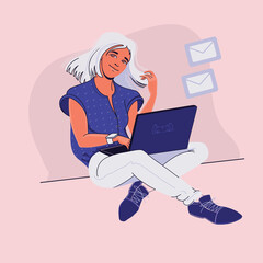Fototapeta na wymiar The young woman is sitting. Girl holding laptop. Vector illustration.