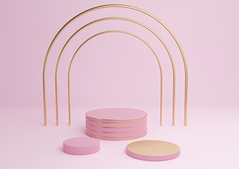 Light, pastel, lavender pink 3D rendering simple product display cylinder podiums with luxury gold arch and lines three stands minimal background abstract composition