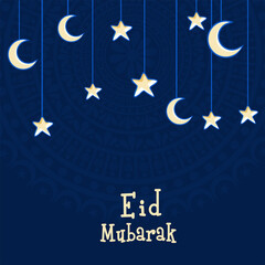 Eid Mubarak Greeting Card Decorated With Crescent Moon, Stars Hang On Blue Mandala Pattern Background.