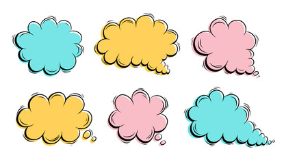 .Collection of colourful empty hand drawn speech bubble isolated on white background. Doodle, cartoon style vector elements. Line, stickers, pastel colors.