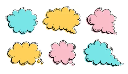 Dekokissen .Collection of colourful empty hand drawn speech bubble isolated on white background. Doodle, cartoon style vector elements. Line, stickers, pastel colors. © Alina Mosinyan