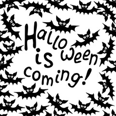 Vector frame with vampire bats and Halloween is coming lettering. Border, decor for greeting card, invitation, party poster in flat style