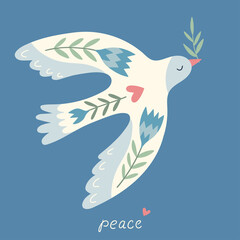 Dove of peace. Flying bird with an olive branch in beak. Concept of the world. Bird boho naive hand drawn style art. Happy Earth Day background.