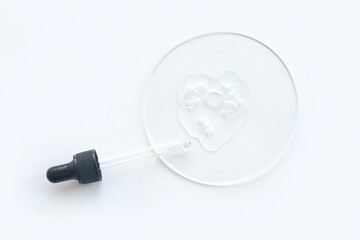 Serum gel texture swatch. Transparent drop with bubbles. Face skincare product. Liquid oil essence....