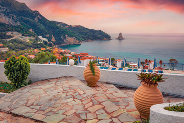 Exciting summer view of Kontogialos village. Beautiful morning seascape of Ionian Sea. Sunrise on...