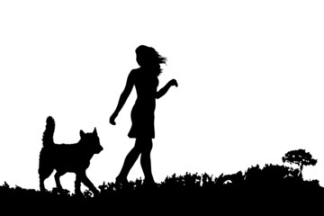 Silhouette of woman with dog on meadow isolated on white background. Walking with dog in grassland. Female with her pet in the park. Recreation and health care activity with pet. Vector illustration
