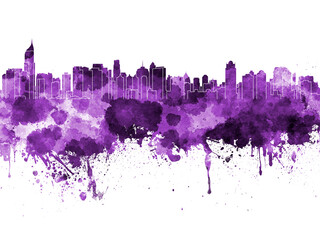 Jakarta skyline in purple watercolor on white background