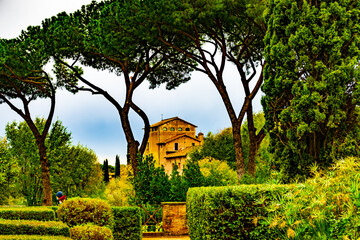 December 4, 2022 - Rome, Italy: A view over the buildings on Palatine Hill from the Farnese Gardens.