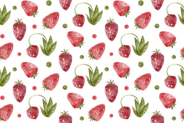 Strawberries seamless pattern. Watercolor illustration with berries and leaves