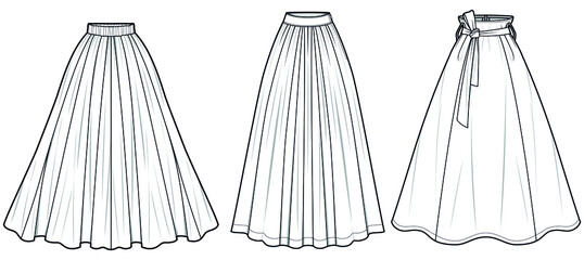 Panel Maxi Skirt with Knot Belt, Flared Maxi Skirt Set. Fashion Illustration, Vector, CAD, Technical Drawing, Flat Drawing.