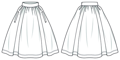 Box Pleat Skirt with Side Pocket, High Waisted A-line Flared Pleated Midi Skater Skirt Front and Back View. Fashion Illustration, Vector, CAD, Technical Drawing, Flat Drawing.