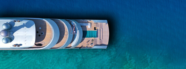 Aerial drone top view ultra wide photo of large yacht anchored in tropical exotic paradise with...