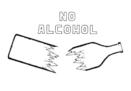 The inscription "No Alcohol", at the bottom of the picture is a broken bottle. Freehand drawing. Doodle. Sketch. Hand Drawn.