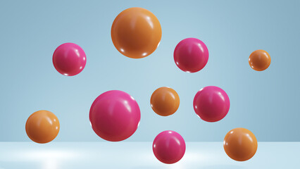 3D Render Ball Orange and pink color floating in the air with light and shadow on a blue background,3d illustration, 3d rendering.