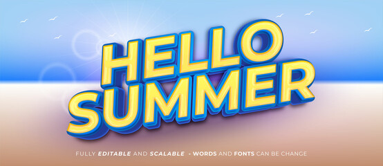 Editable text hello summer with beach on yellow background