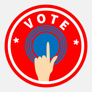 Outstretched index finger presses button on red circle. Blue pressbutton to click by hand. Concentric circles diverge from pressing button. White text VOTE located at  top in arc. Right choice concept