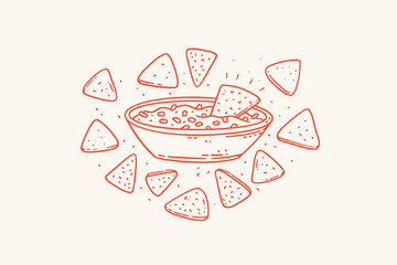 National Mexican food in linear style. Traditional fast food: guacamole sauce and nachos on a light isolated background. Vector illustration for the menu of cafes, restaurants, markets and shops.