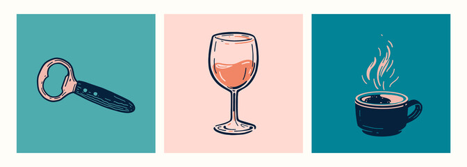 Bottle opener, glass, wine, cofee, banner. Horizontal, panoramic view. Vector illustration.