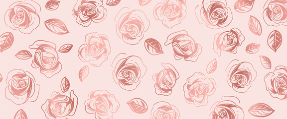 Horizontal banner, roses rosegold background. Vector illustration. Panoramic view.