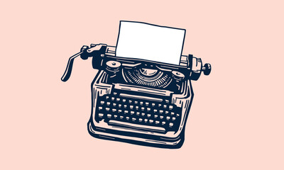 Hand drawn typewriter. Vector vintage, illustration. Pink background.
