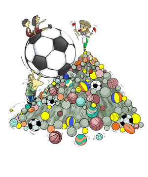 cartoon dad pushing a big ball up a mountain of balls cartoon of dad pushing a big ball up a mountain of balls (drawn by hand and computer illustration)