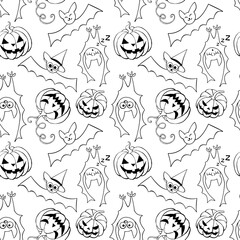 Naklejka premium Vector seamless pattern with outline pumpkins, Jack o lantern, witch shifters and cute bats. Halloween texture in doodle style