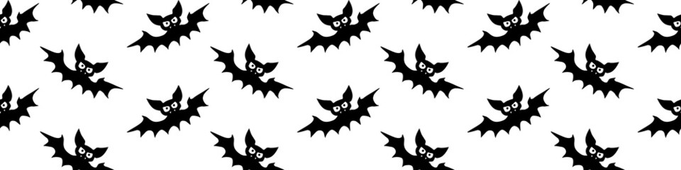 Flying bats seamless pattern. Cute Spooky vector Illustration. Halloween backgrounds and textures in flat cartoon gothic style. Black silhouettes animals on sky.