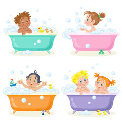 Set of funny kids playing in the bath with foam and toys. In cartoon style. Isolated on white background. Vector illustration