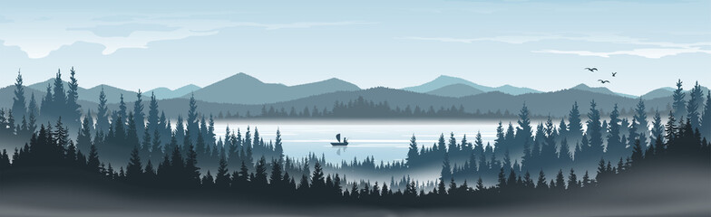 Mountain landscape and pine forests in the fog.