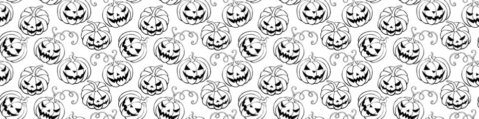 Vector Seamless pattern with outline pumpkins, Jack o Lantern. Halloween backgrounds and textures in doodle style