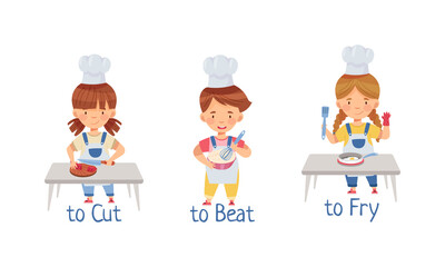 Cute little children cooking in the kitchen. Cut, beat, fry action verbs for kids education cartoon vector illustration