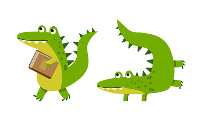 Funny friendly crocodile in everyday activities set. Cute green croc character walking with book and lying cartoon vector illustration