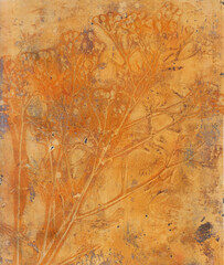 Abstract wildflowers in print, yellow and orange background, impression