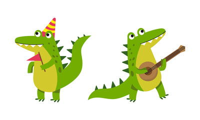 Funny friendly crocodile in everyday activities set. Cute green croc character playing domra musical instrument and celebrating birthday cartoon vector illustration