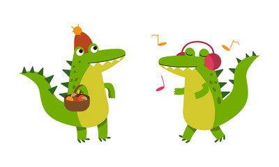 Funny friendly crocodile in everyday activities set. Cute green croc character picking mushrooms and listening music with headphones cartoon vector illustration