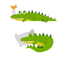 Funny friendly crocodile in everyday activities set. Cute green croc character boring and sleeping cartoon vector illustration