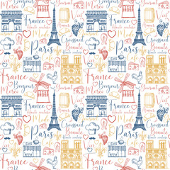 Seamless retro style background with symbols of Paris and France and French words - 499555641