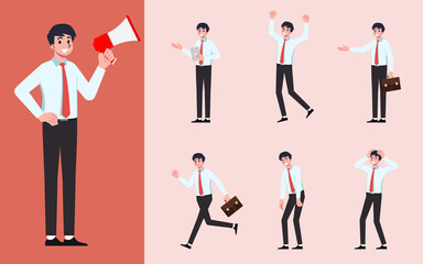Set of Flat design businessman in many gesture isolated on white background. Business people in different pose in workplace. Character with separate body part for easy to animate in animation program.