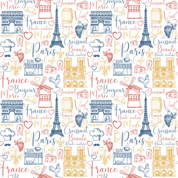 Seamless retro style background with symbols of Paris and France and French words