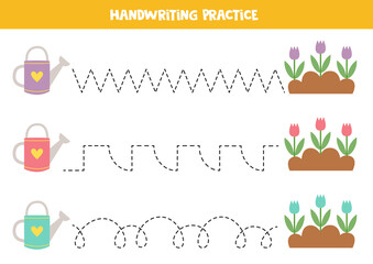 Tracing lines for kids. Cute watering cans and flowers. Writing practice.