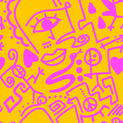 Fototapeta na wymiar Abstract Doodle One Line Drawing Faces Masks Geometric Egyptian Shapes Icons and Symbols Repeating Vector Pattern with Isolated Background