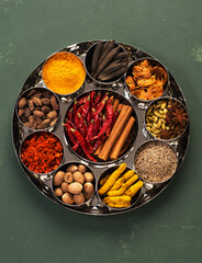Indian spices, spicy and seasonings top view. Masala box