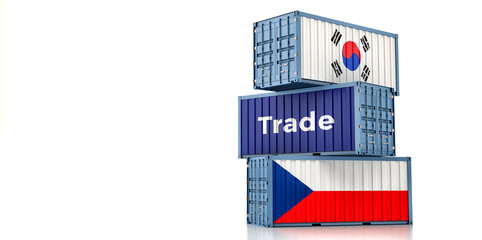 Cargo containers with South Korea and Czech Republic national flags. 3D Rendering