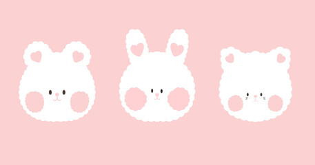Obraz na płótnie Canvas Cute animal faces without outline. Three pets - White and pastel pink bear, rabbit and cat with fluffy fur and heart shape ear isolated on pink. greeting card for kid. Pet day - Love pet concept.
