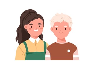 Girl and boy friends, face portrait. Happy school kids couple. Cute primary children, young elementary students. Two sweet classmates. Flat vector illustration isolated on white background